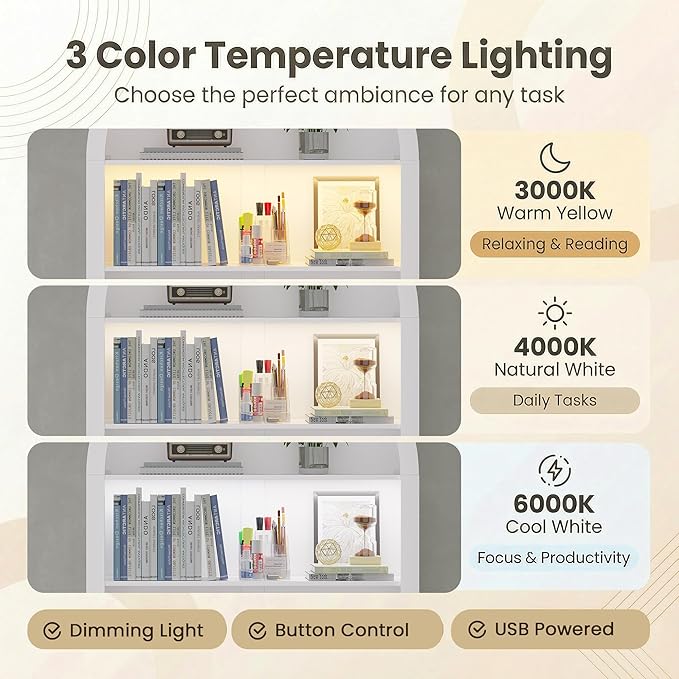 Arched Desk for Home Office, Computer Desk with 2 Drawers & Hutch, Wood Writing Desk with Power Outlets, 3 Color LED Lights, Side Open Shelves, Modern Fluted Design, 35.4" W x 70.8" H (White)