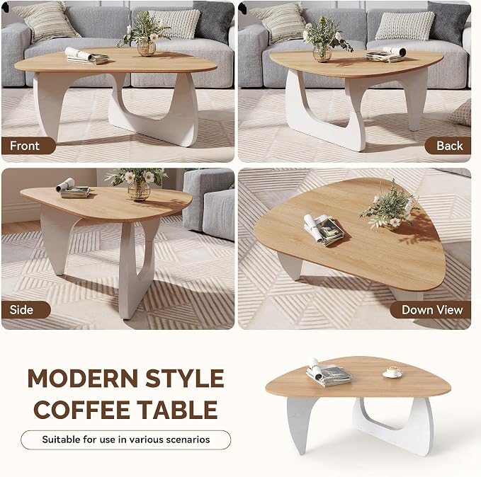 Modern Wood Coffee Table, Triangle Center Table with Premium Wooden Top& Unique Base, 35.5” Small Mid Century Tea Tables for Living Room, Apartment, Office,Natural Wood &White