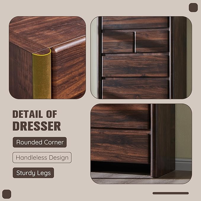 Modern 7 Drawers Dresser for Bedroom, 54.7" Tall Large Dresser & Chests of Drawers w/Rounded Corner, Wood Handleless Organizer Dresser w/Natural Texture for Bedroom, Living Room-Brown