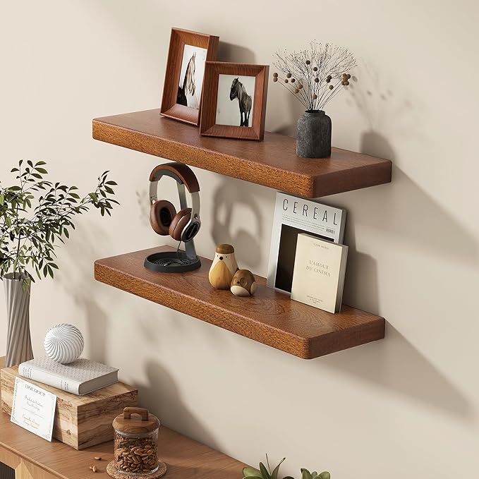 Fun Memories 24 Inch Floating Shelves, Rustic Solid Wood Wall Shelves Set of 2, 8 Inch Deep Floating Shelf for Bathroom, Bedroom, Heavy-Duty Wooden Shelf Wall-Mounted for Home Decor & Storage