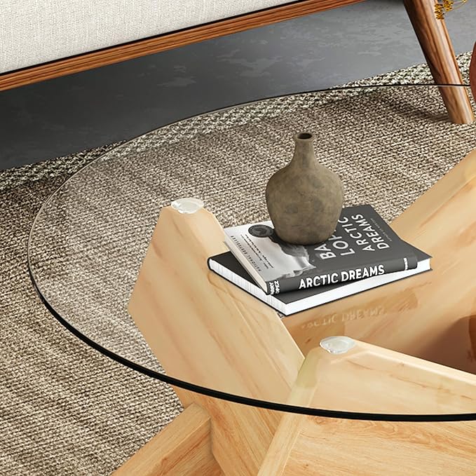 Round Glass Top Coffee Tables for Living Room, 33.4 Inch Modern Wood and Glass Coffee Table, Mid Century Circle Coffee Table with Crossed Legs, Round Center Table for Living Room