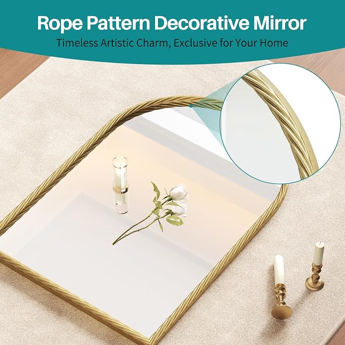 Large Vintage Arched Wall Mirror - 24"X36" Gold Rope-Like Metal Framed Mounted Mirror for Wall Decor, Vanity Mirrors for Bathroom, Living Room, Bedroom, Fireplace