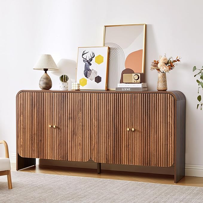 59” Large Buffets Sideboard Cabinet with Storage, Fluted Curved Credenza Buffet Table Storage Cabinet with 4 Doors, Modern Wood Accent Console Table Coffee Bar for Living Room Kitchen Hallway, Walnut