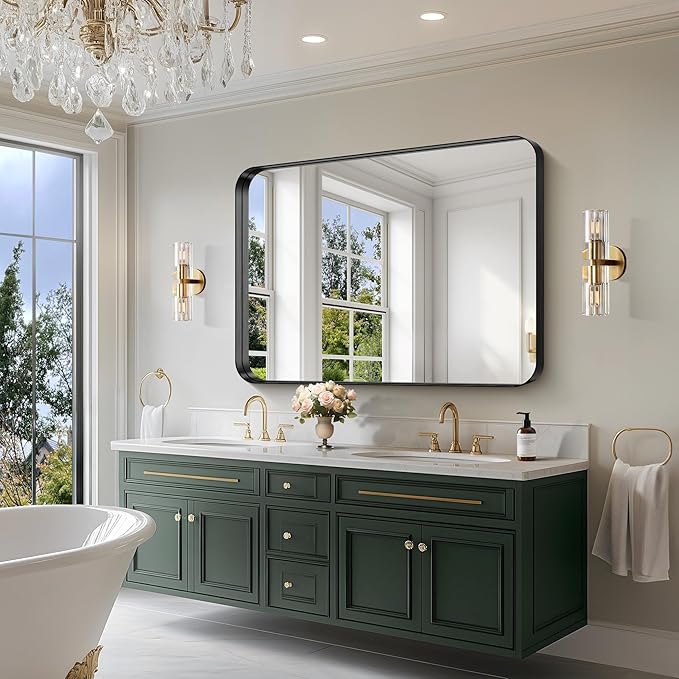 CIRCUMI Black Bathroom Mirror, 36"x50" Rectangular Mirror with Deep Metal Frame, Rounded Corner, Tempered Glass, Large Mirror for Wall, Over 2 Sinks, Installed Vertically/Horizontally, Crystal-Clear