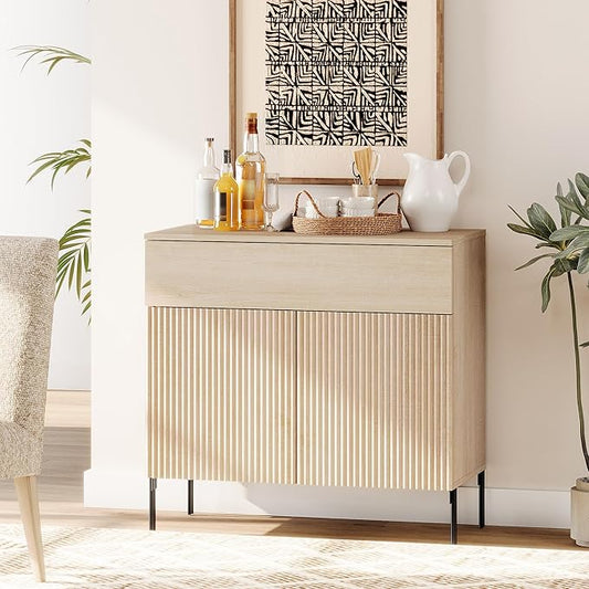 WAMPAT 31.5" Buffet Sideboard Cabinet with Storage, Wood Credenza Console Table with 1 Drawer & 2 Doors, Coffee Bar Cabinet, Wine Bar Storage for Dining Room, Living Room, Beige