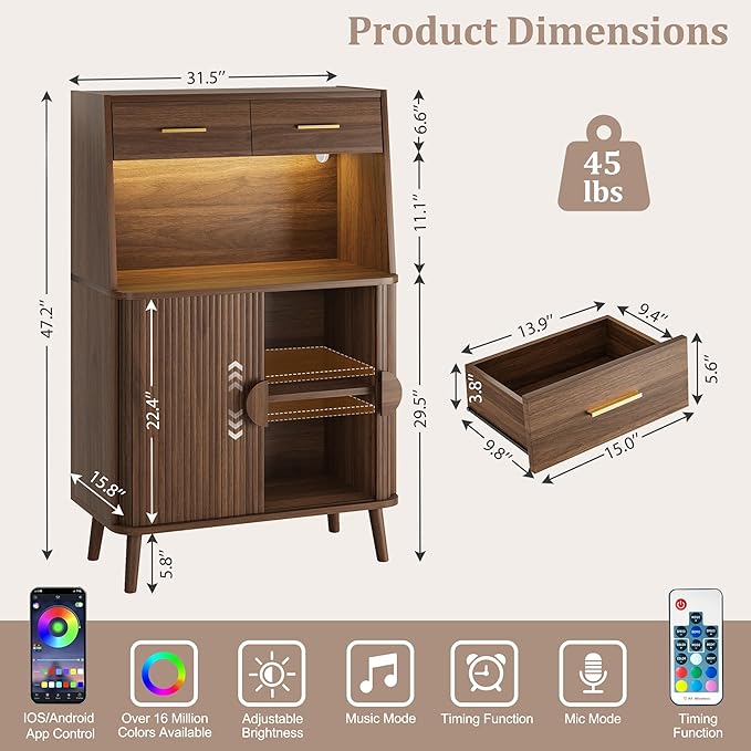 Decofy 47.2" Sideboard Buffet Cabinet with LED Light & Sliding Door, Modern Storage Cabinet with Adjustable Shelf &2 Drawers, Coffee Bar for Kitchen, Entryway(Oak) (Walnut)