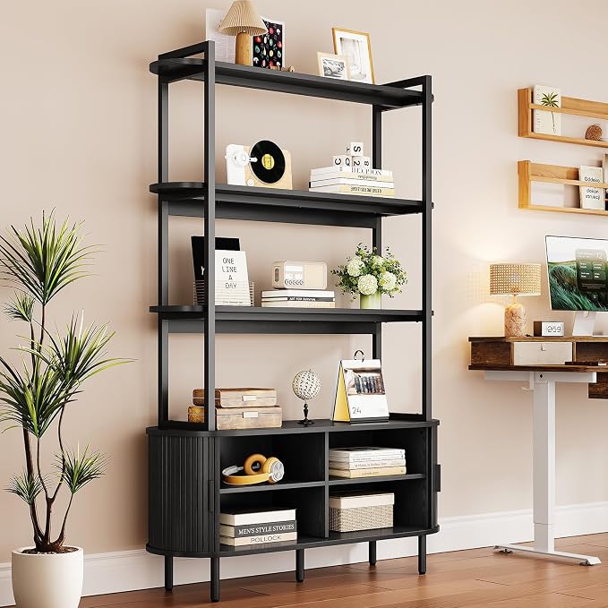 4 Tier Bookshelf with Fluted Cabinet, Tall Bookcase with Sliding Door, Metal and Wood Display Shelf, Free Standing Storage Shelving Unit, Corner Storage Organizer for Living Room, Home Office, Black