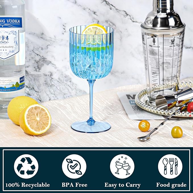 24 PCS Plastic Ribbed Wine Glasses 11oz Blue Detachable Wine Goblet Unbreakable Vintage Ripple Water Goblets Cocktail Drinking Cups for Parties Weddings Poolside Outdoors