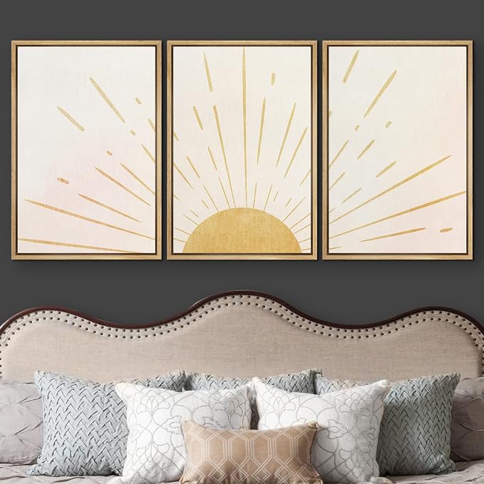 wall26 Framed Wall Art Print Set Shining Yellow Sun on The Horizon Geometric Nature Illustrations Modern Art Mid-Century Modern Scenic Colorful for Living Room, Bedroom, Office - 24"x36"x3 Natural