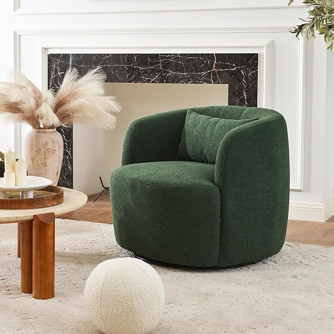 KINWELL 34" Wide Boucle Swivel Barrel Chair, No Assembly Round Upholstered Armchair Accent Chair Single Sofa Chair with Toss Pillow for Living Room and Bedroom, Green