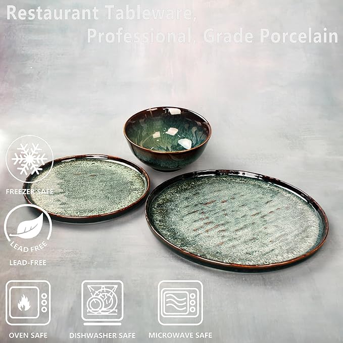 Dinner Set 12 Pieces - Round Reactive Glaze Tableware - Kitchen Dinnerware Porcelain Crockery with Dinner Plate, Bowl and Soup Plate Service for 4, Microwave Dishwasher Safe, Set (No.3)