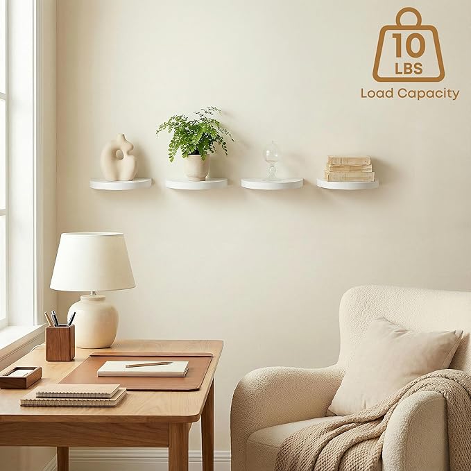 Small Wood Floating Shelves (2-Pack, 6-inch Diameter) - Round Sturdy Invisible Wall Mount Display for Small Plants,Toys,Bathroom,Living Room Storage & Modern Rustic Décor (White)