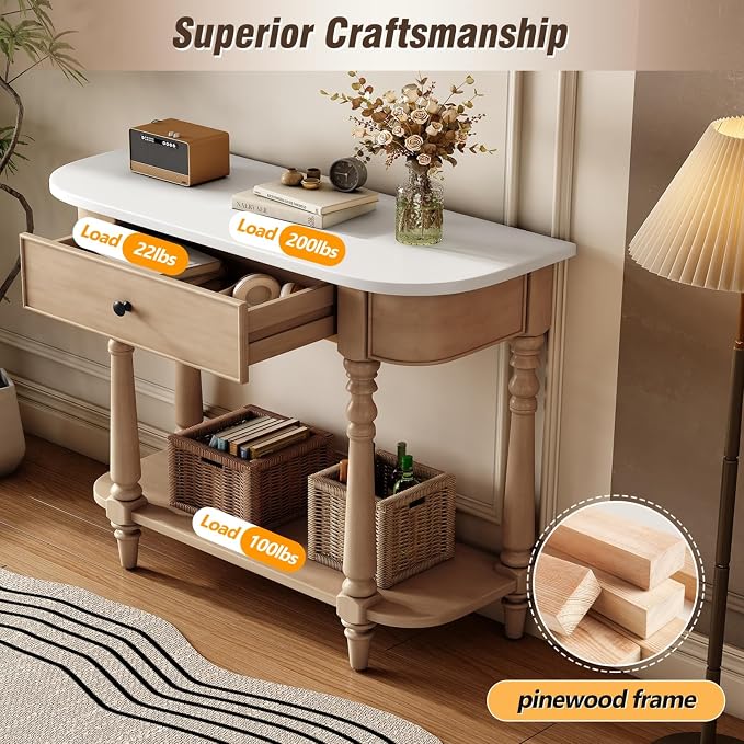 Retro Curved Console Table, 36" Solid Wood Half Moon Console Table Sofa Table Entryway Table with 1 Drawer 1 Open Shelf Roman Legs Curved Corners for Living Room,Entryway,Hallway,White+Beige