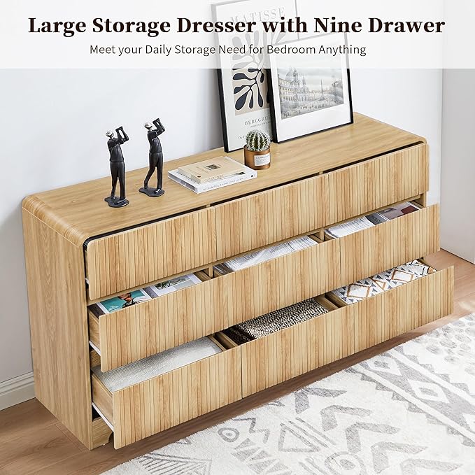 MERRYBERRY Fluted Dresser for Bedroom with 9 Drawers,63" Wide Modern Chest of Drawers with Curved Profile & Deep Drawer,Large Wood TV Dresser for Bedroom Living Room