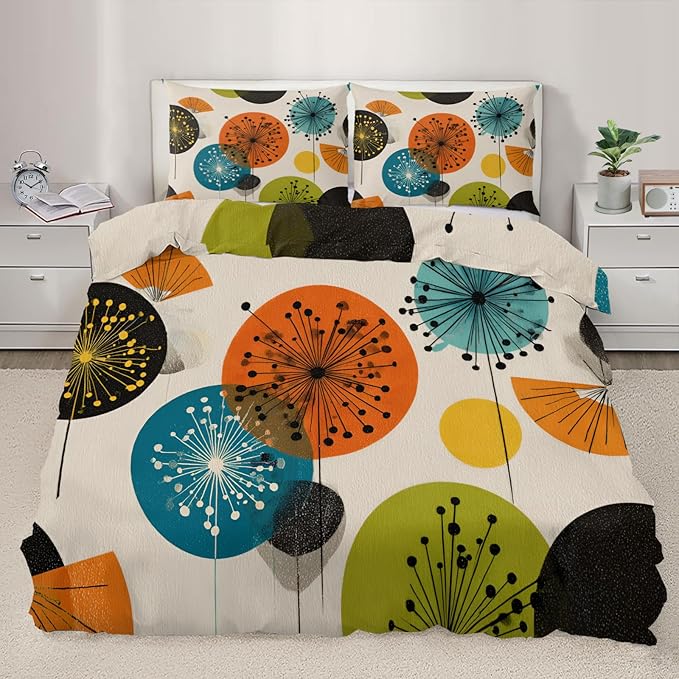 Mid Century Modern Duvet Cover Full Size, Retro Vintage Atomic Bedding Set 3 Piece, Abstract Art Dandelion Patterned Comforter Cover with Zipper Soft Microfiber, 2 Pillowcases