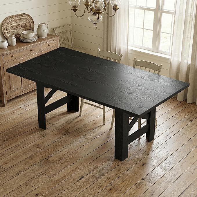 GarveeHome Dining Table for 6-8, 71" Long Large Wooden Farmhouse Kitchen Table with Thick Sturdy Frame, Rectangular Dining Room Dinner Table with Stable Triangular Legs for Kitchen,Office, Retro Black