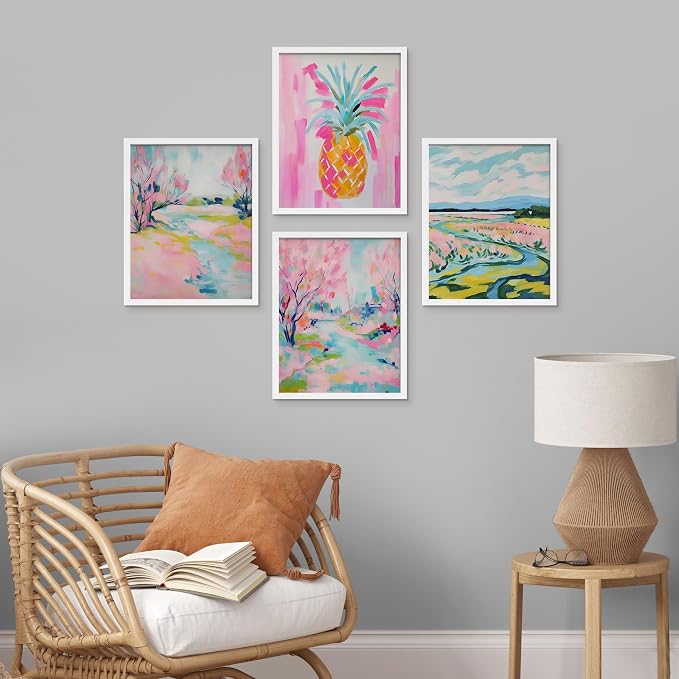 SIGNWIN Framed Vibrant Landscape and Pineapple Colorful Preppy Room Decor Pink Decor Digital Art Modern Art Decorative Multicolor Scenic for Bedroom - 11"x14"x4 White