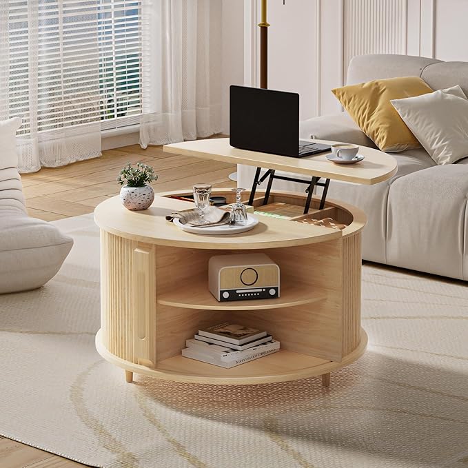 Round Lift Top Coffee Table, 31.5” Fluted Wood Lift Up Center Table with Sliding Door & Hidden Storage, Mid Century Modern Coffee Table for Living Room & Home Office (Natural)