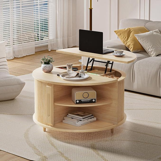 Round Lift Top Coffee Table, 31.5” Fluted Wood Lift Up Center Table with Sliding Door & Hidden Storage, Mid Century Modern Coffee Table for Living Room & Home Office (Natural)