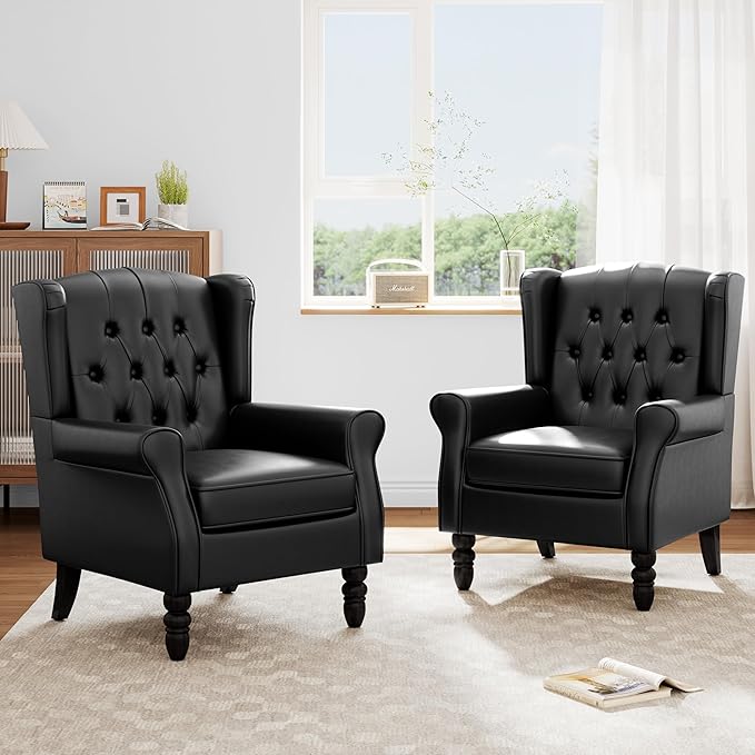 Faux Leather Accent Chairs Set of 2, High Back Upholstered Chair with Button Tufted, Mid-Century Modern Comfy Wingback Chair Reading Armchair for Living Room for Bedroom, Office-P Black
