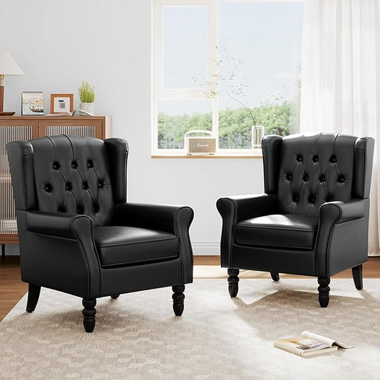 Faux Leather Accent Chairs Set of 2, High Back Upholstered Chair with Button Tufted, Mid-Century Modern Comfy Wingback Chair Reading Armchair for Living Room for Bedroom, Office-P Black