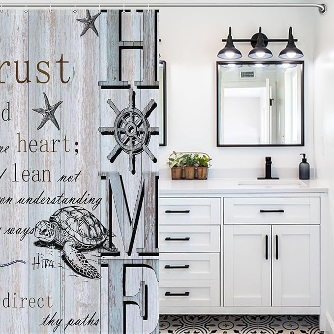 Inspirational Quote Navigation Shower Curtain Starfish Sea Turtle Rudder Home Waterproof Shower Curtains for Bathroom Decor 12 Pack Hooks 55x72in（140x183cm）