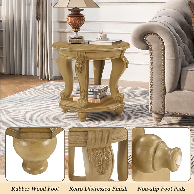 22'' Round End Table Solid Wood Sofa Side Table with Storage Shelf, Antique Natural Living Room Corner Table Retro Accent Table, Easy Assemble Round Bedside Table Night Stand for Small Space