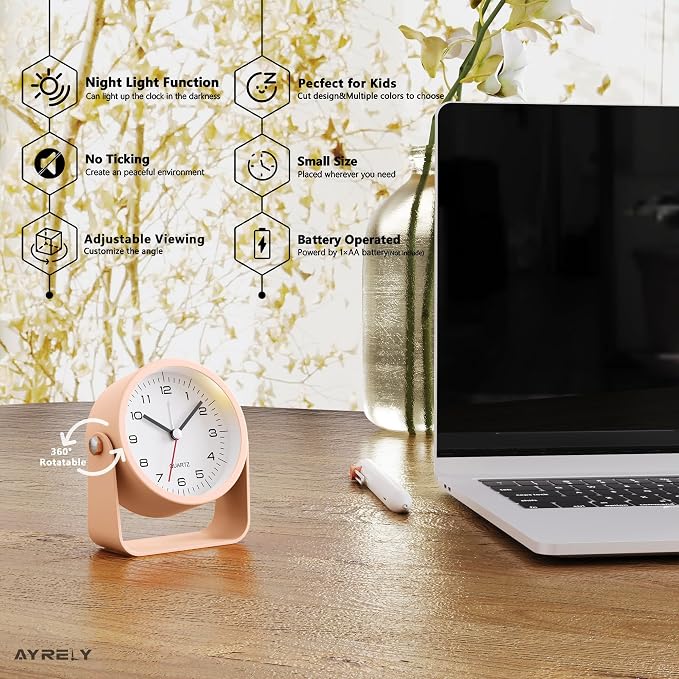 AYRELY® 3.5 Inch Small Analog Alarm Clocks,Battery Operated Desk Clock,Cute Table Clock with Light，Adjustable Angle for Travel,Bedside,Bedroom,Kids,Living Room Decor (Pink)
