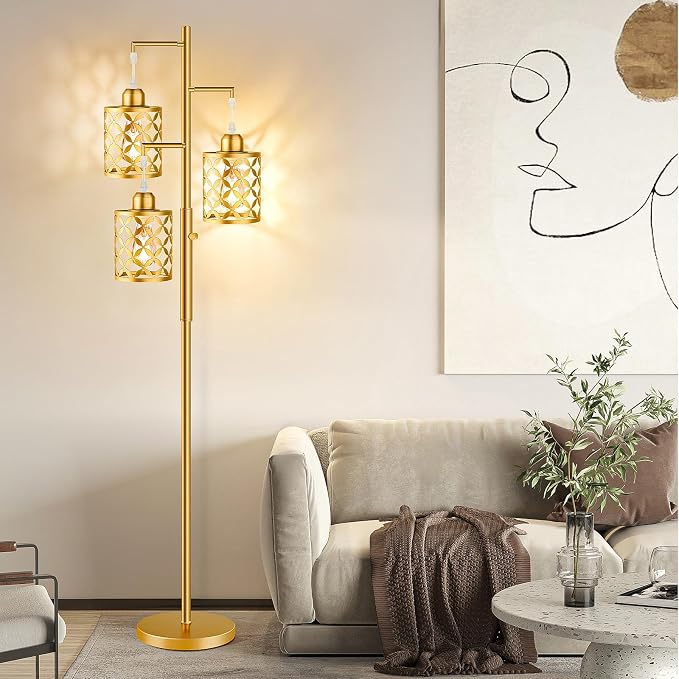 Dimmable Floor Lamp, Farmhouse Standing Lamp with Elegant Metal Cage, Industrial Tall Tree Floor Lamps for Living Room, Bedroom, Study Room, Office, 2000LM LED Bulbs Included - 68", Gold