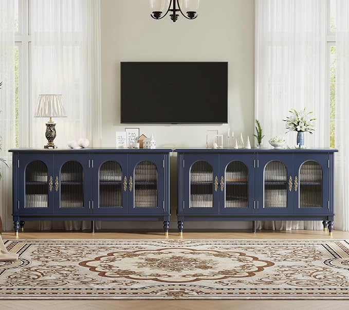 iPormis Fluted Arched Buffet Cabinet Set of 2, 59" Vintage Sideboard with Glass Door & Adjustable Shelves, Mid Century Modern Solid Wood Credenza Accent Cabinet for Living Room, Entryway, Blue