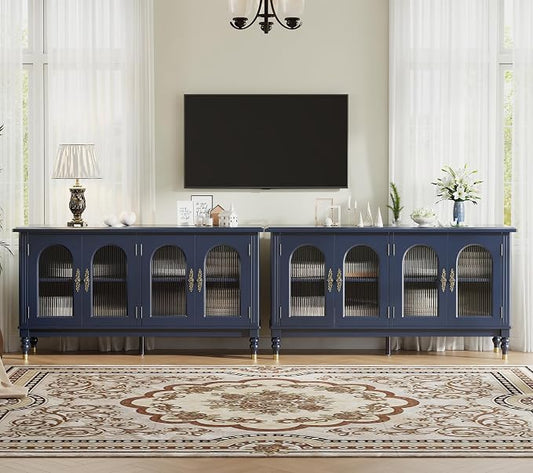 iPormis Fluted Arched Buffet Cabinet Set of 2, 59" Vintage Sideboard with Glass Door & Adjustable Shelves, Mid Century Modern Solid Wood Credenza Accent Cabinet for Living Room, Entryway, Blue