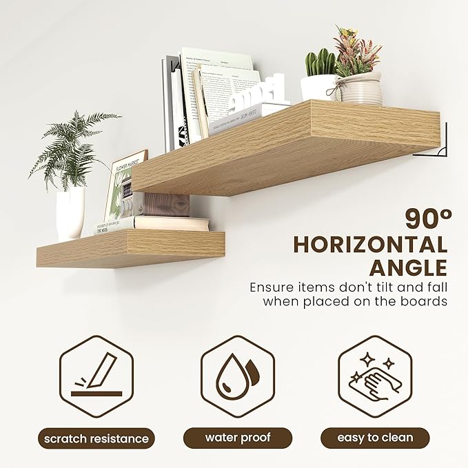 Deep Floating Shelves | 40 Inch Oak Floating Shelves Set of 2 | 12 Inch Deep Wood Wall Shelves | 40" W x 12" D Oak Shelves for Bathroom Living Room Kitchen Laundry Room