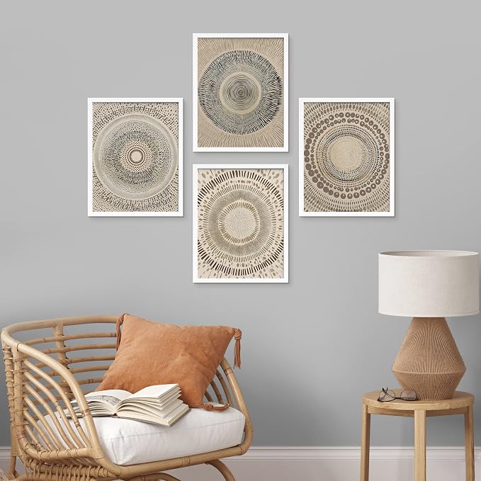 SIGNWIN Framed Art Beige Abstract Geometric Circle Stroke Minimalist Folk Boho Mid-Century Inspired Digital Print Decorative Zen Bedroom Relax Multicolor - 8"x10"x 4 White