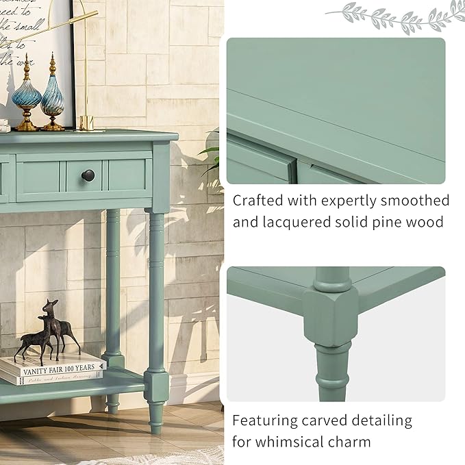 35.43” Console Table with Drawers & Bottom Open Shelf, Rustic Entryway Table with Storage, Retro Blue