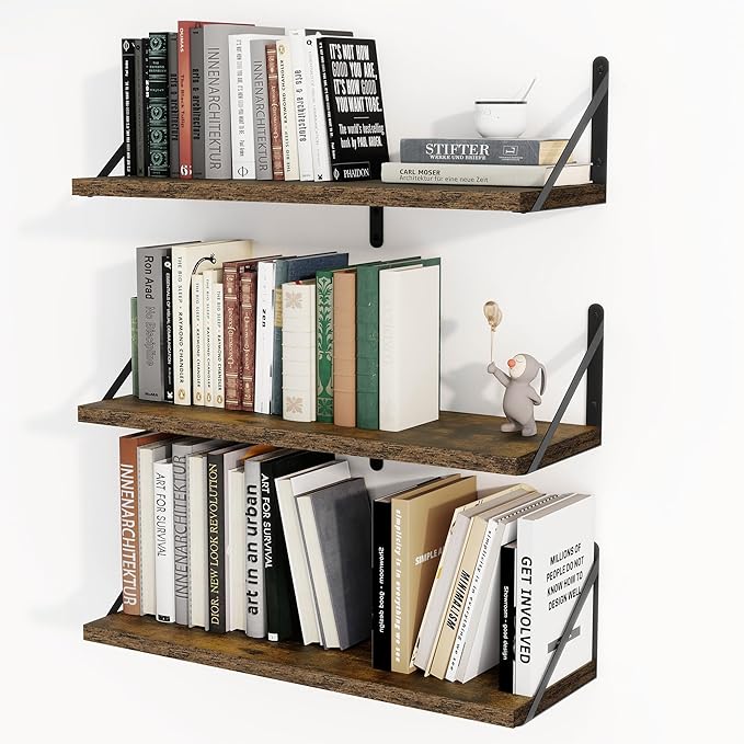 Heimlove Floating Book Shelves for Wall,23.6 Inches Wall Bookshelf Mounted Display&Storage Wood Shelves for Kitchen Bathroom Laundry Living Room,Set of 3,Rustic Brown