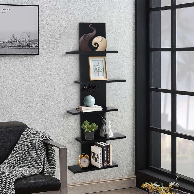 VIWODS 5 Tier Wall Shelf Unit-Black Floating Shelves for Home Decor, Modern Unique Asymmetric Design for Bedroom & Living Room Storage