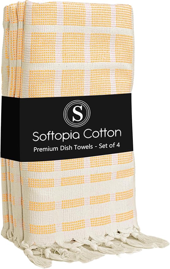 Matrix Dobby Kitchen Towels 4 Pack 100% Cotton, 16x26 Inches, Decorative Tea Towels with Handmade Tassels, Absorbent Washable Wash Cloths for Kitchen Drying - Mustard Yellow, Natural