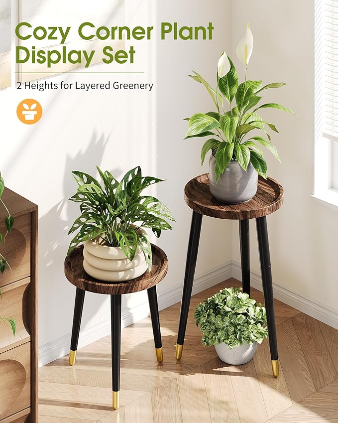 Plant Stand Indoor, Wood Mid Century Indoor Plant Stand, Tall Plant Stands for Flower Pot, Modern Round Plant Table, Small Side End Table with Raised Design, 1 Pack, Walnut, 11.7''x18.8''