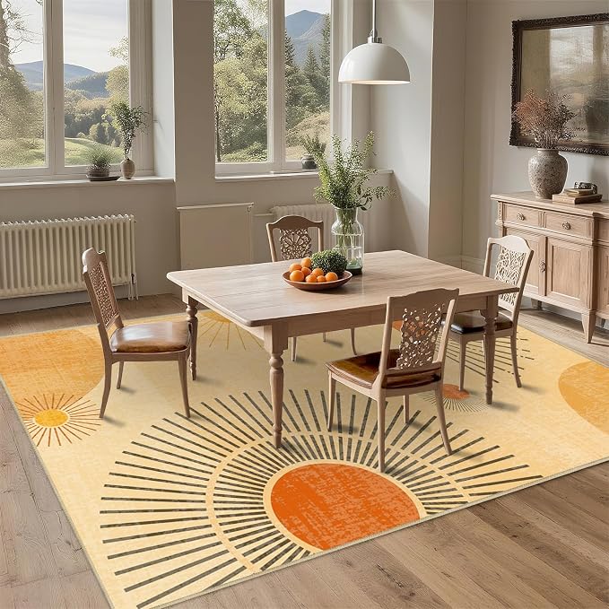 Large Area Rug 6x9 Sun Rug Living Room Mid Century Modern Rugs Machine Washable Boho Geometric Rug Non Slip Printed Low Pile Indoor Floor Carpet for Dining Room Bedroom Office,Yellow
