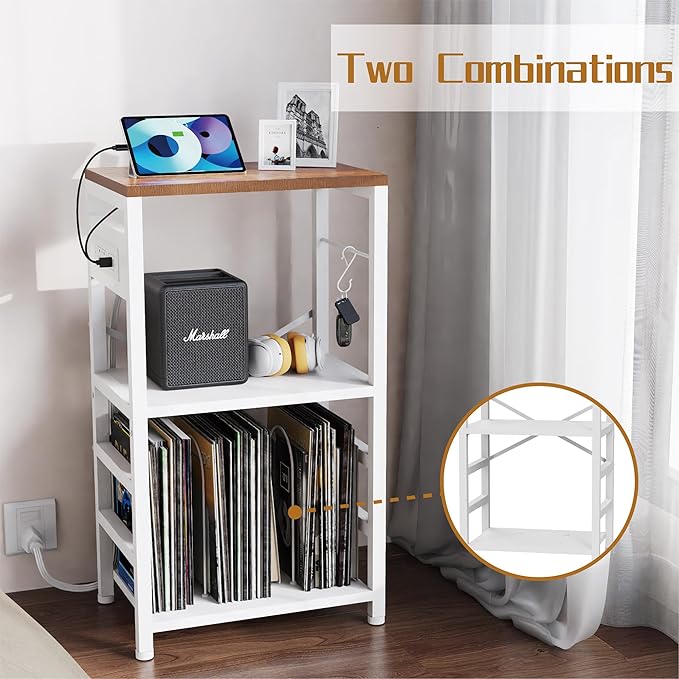 YAKANJ End Table with LED Light,Record Player Stand with Charging Station,Vinyl Records Storage,Turntable Stand Albums Storage for Music Room Studio-Industry White