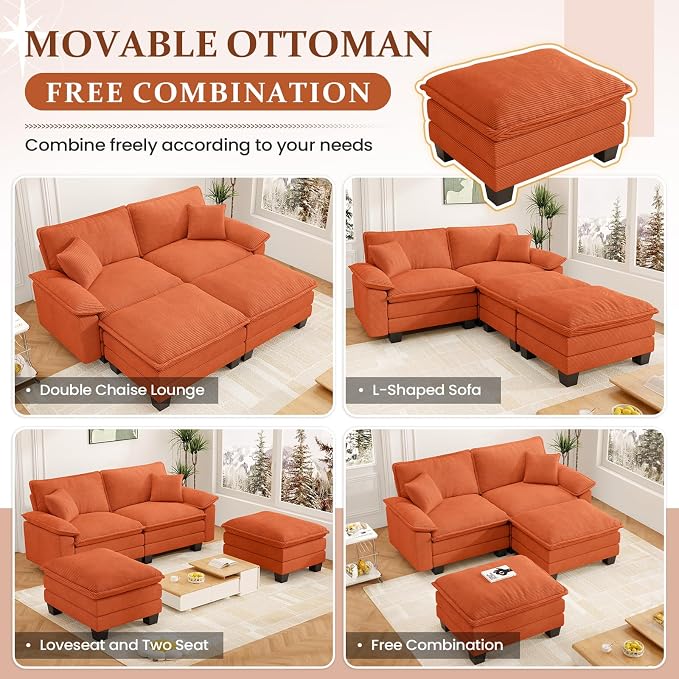 Modular Sectional Sofa Cloud Couch, Comfy Corduroy Loveseat with Ottoman Upholstered Deep Seat Sleeper Sofa Bed 2 Seater Couch Oversized Chaise Lounge Chair Indoor for Living Room Bedroom, Orange