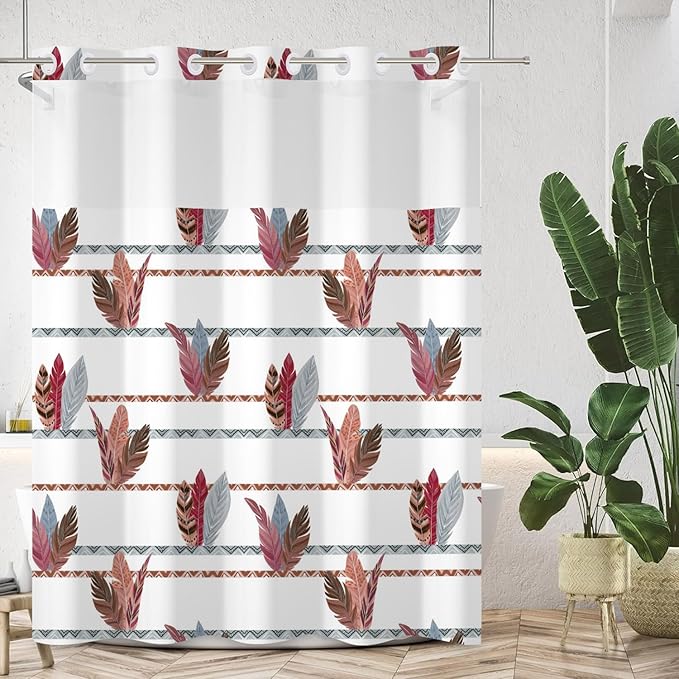 No Hooks Boho Tribal Shower Curtain with Snap in Liner Feathers Bohemian Shower Curtains for Bathroom Decorative Geometric Stripes Aesthetic Fabric Waterproof Inner Liner 71x74 Inch