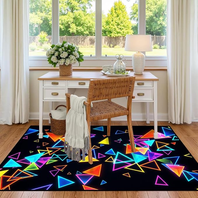 Triangle Area Rug 6'x9' Blacklight Glow in The Dark Geometric Rug Non-Slip Washable Colorful Neon Light Floor Mat for Bedroom Living Room Nursery Kitchen Playroom Home Decor
