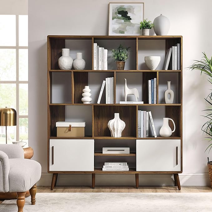 Modway Transmit 14 Shelf Bookcase with Sliding Doors in Walnut Linen - 59 Inch Wood Mid-Century Modern Bookshelf - 4 Tier Wide Open Display Storage Cabinet for Living Room, Office, Hallway
