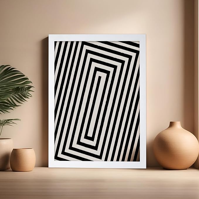 Poster Master Rectangle Tunnel Poster - Angular Swirl Print - Geometric Design - Abstract Design - Japanese Ink Art - Mid Century Modern Illustration - Living Room Decor - 16x20 White Framed