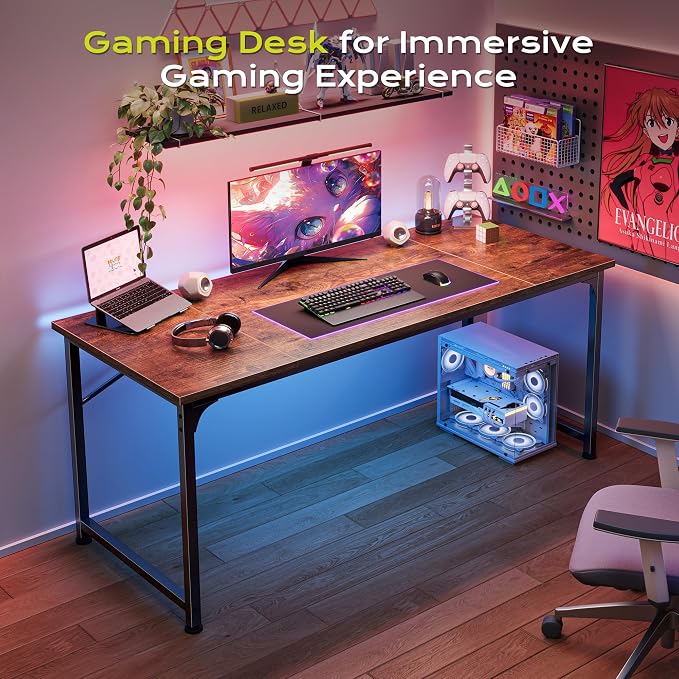 PRAISUN 55 Inch Computer Desk, Home Office Desk with Spacious Desktop, Modern Gaming Desk, Writing Study Table for Bedroom, Small Spaces, Work from Home Desk with Metal Frame, Rustic Brown