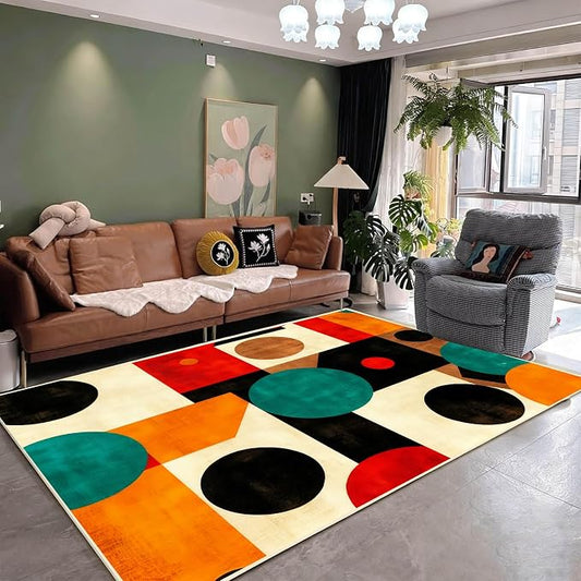 Geometric Rug, Mid Century Modern Rug, Abstract Colorful Geometric Rugs, Washable Non-Slip Soft Low Pile Vintage Abstract Carpet for Living Room, Bedroom (10' x 15'(Rectangular))