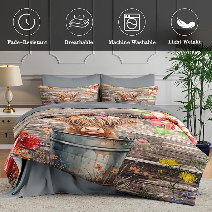 WeCozy 7 Pcs Queen Size Comforter Set with 2 Pillowcases & 2 Shams, Highland Cow Flower Bedding for Kids and Adults, Happy Cute Cartoon Bed in a Bag with Flat Fitted Sheet