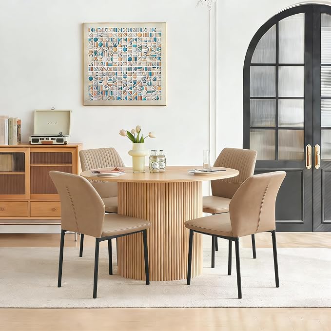 Dining Table Set for 4, 47" Wooden Round Kitchen Table with PU Leather Chairs for Kitchen Room and Small Spaces(Oak Table + 4 Beige Chairs)