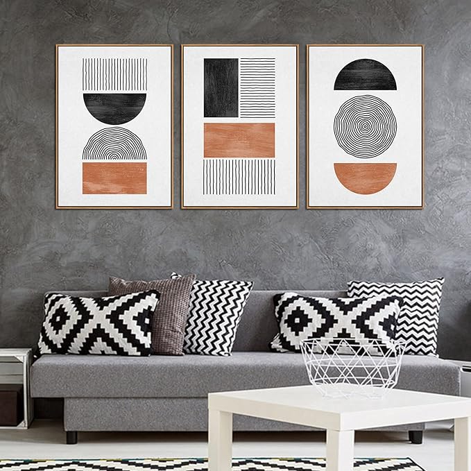 Framed Wall Art Canvas Set Mid Century Boho Pictures Modern Geometric Wall Decor Minimalist Black Brown Bohemian Abstract Painting Artwork for Living Room Bedroom Office 20"x28"x3 Natural